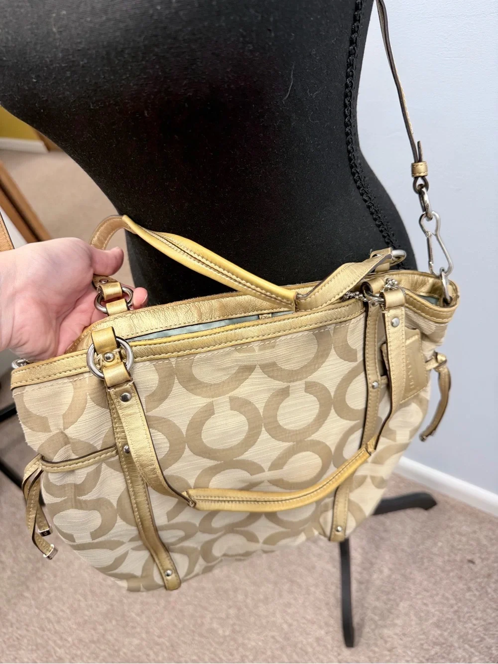 Coach Beige Signature Shoulder Bag with Metallic Gold Trim